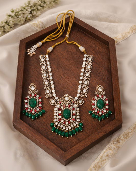 Semi-precious Emerald Mossainite Statement Necklace Set-G3512300