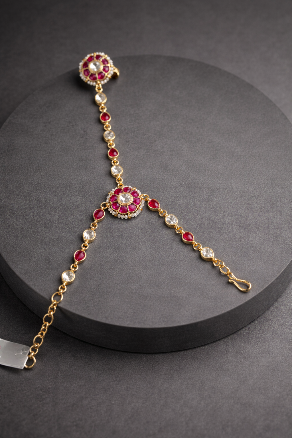Gold-Toned Hand Harness with Ruby & Pearl Accents-G351400