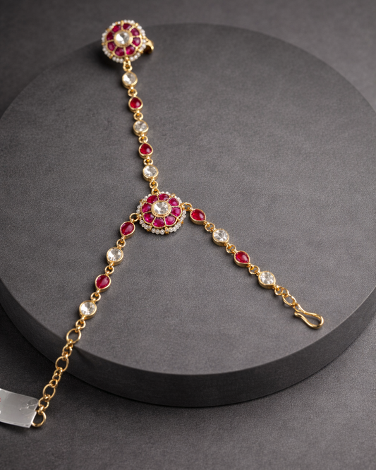 Gold-Toned Hand Harness with Ruby & Pearl Accents-G351400