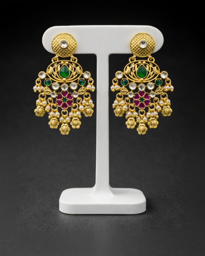 Heritage Ruby Green Stone Pearl Drop Earrings-G351800