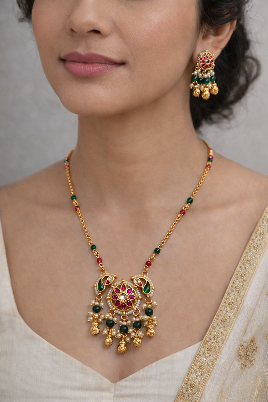 Gold Tone Uncut Polki Finish Pendent Set