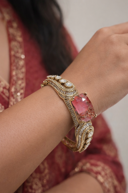 Pink Stone & Diamond Gold Bangle Bracelet