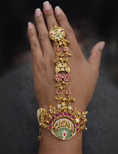 Gold Plated Kundan & Ruby Hand Harness (Hath Panja)-G354800