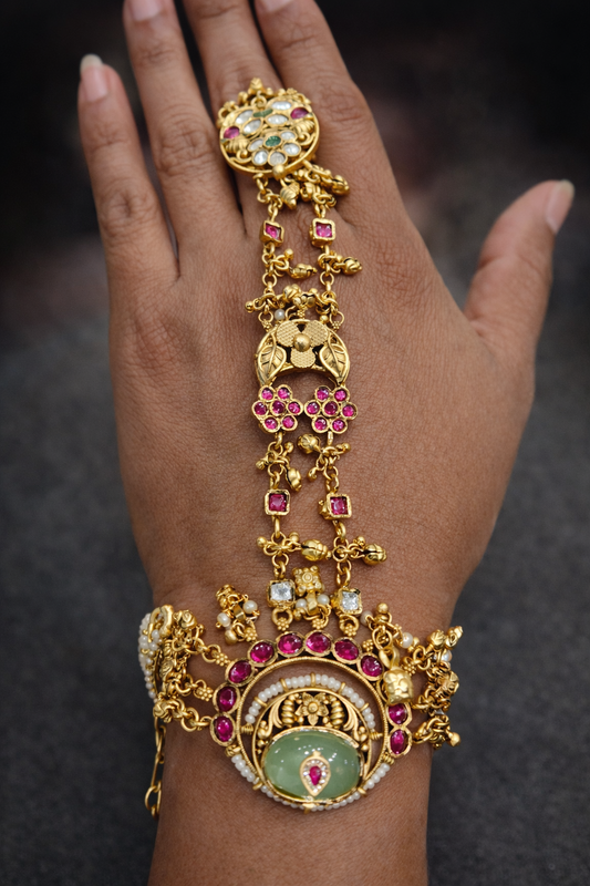 Gold Plated Kundan & Ruby Hand Harness (Hath Panja)-G354800