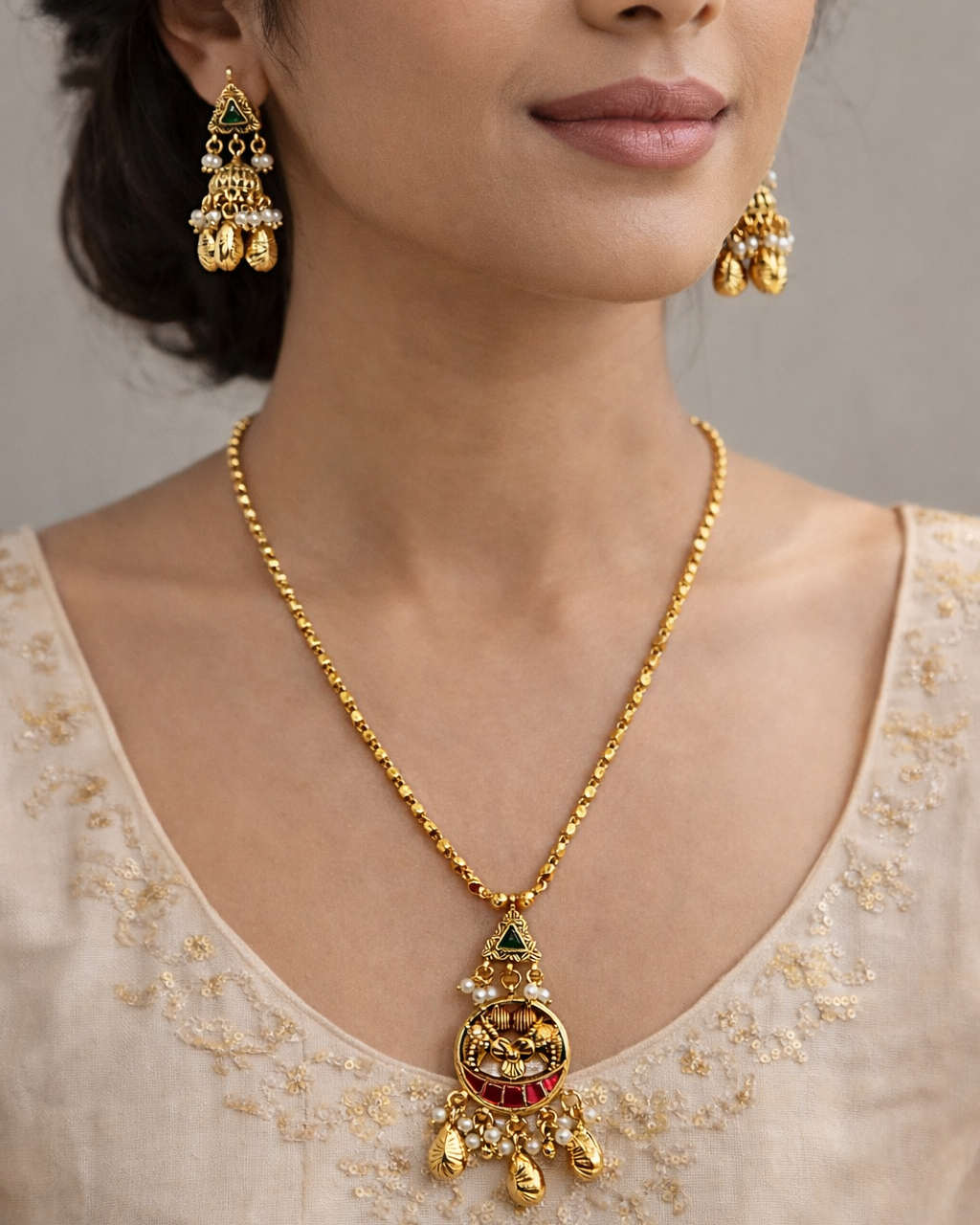 Antique Kempu & Pearl Pendant Set-G351400