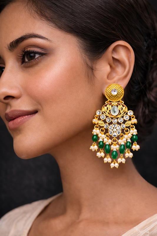 Heritage White Green Stone Pearl Drop Earrings-G351800