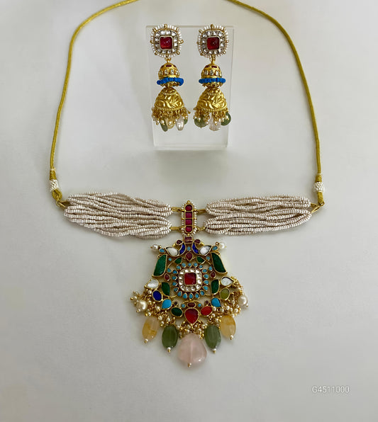 Celestial Teal & Royal Blue Kundan Necklace Set-G3510400
