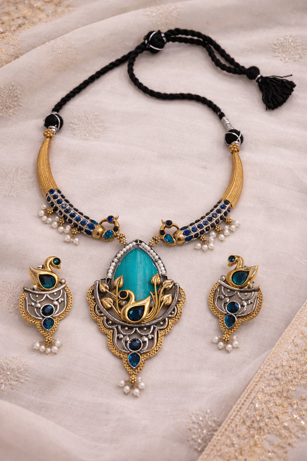 Oxidised Silver Dual-Tone Peacock Motif Necklace Set-G352400
