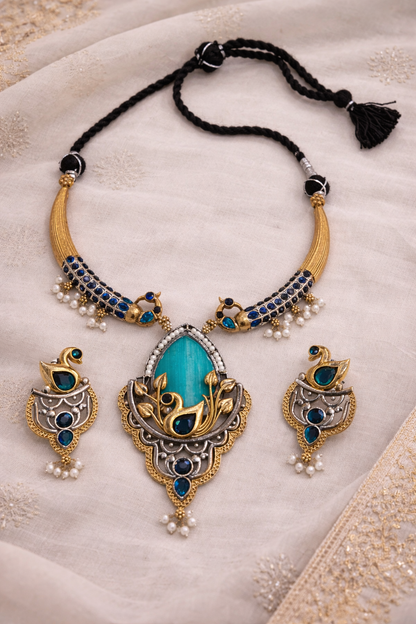 Oxidised Silver Dual-Tone Peacock Motif Necklace Set-G352400