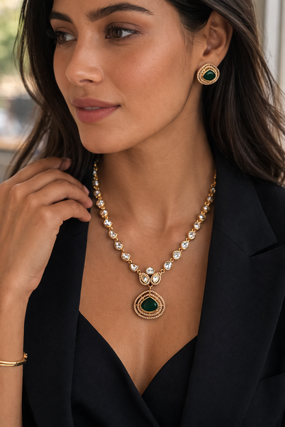 Emerald & Uncut Mossonite Necklace Set