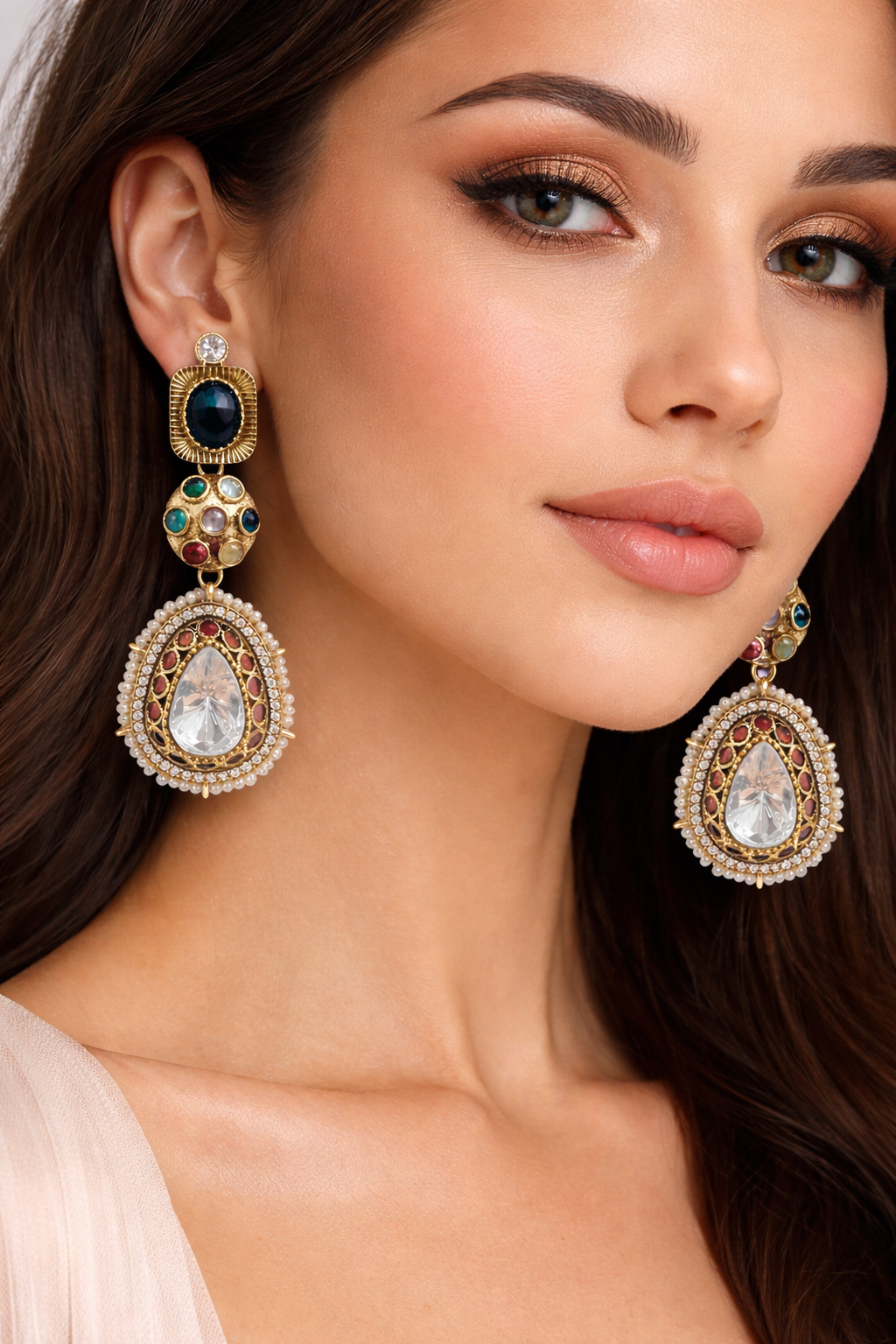 Multi-Stone Kundan Polki Teardrop Earrings-G35900