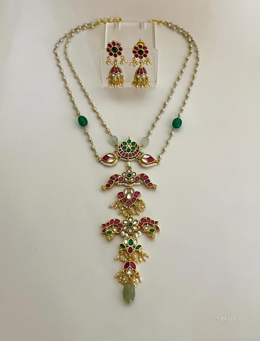 Handcrafted Emerald Ruby Floral Long Set-G358400