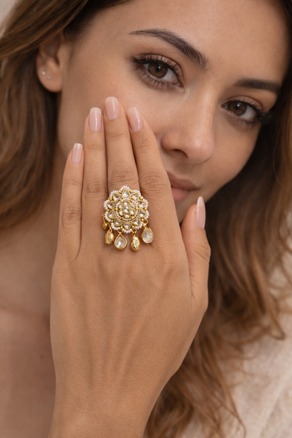 Gold Finish White Kundan Polki Ring