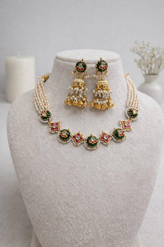 Jadau Kundan & Emerald Pearl Choker Set-G354300