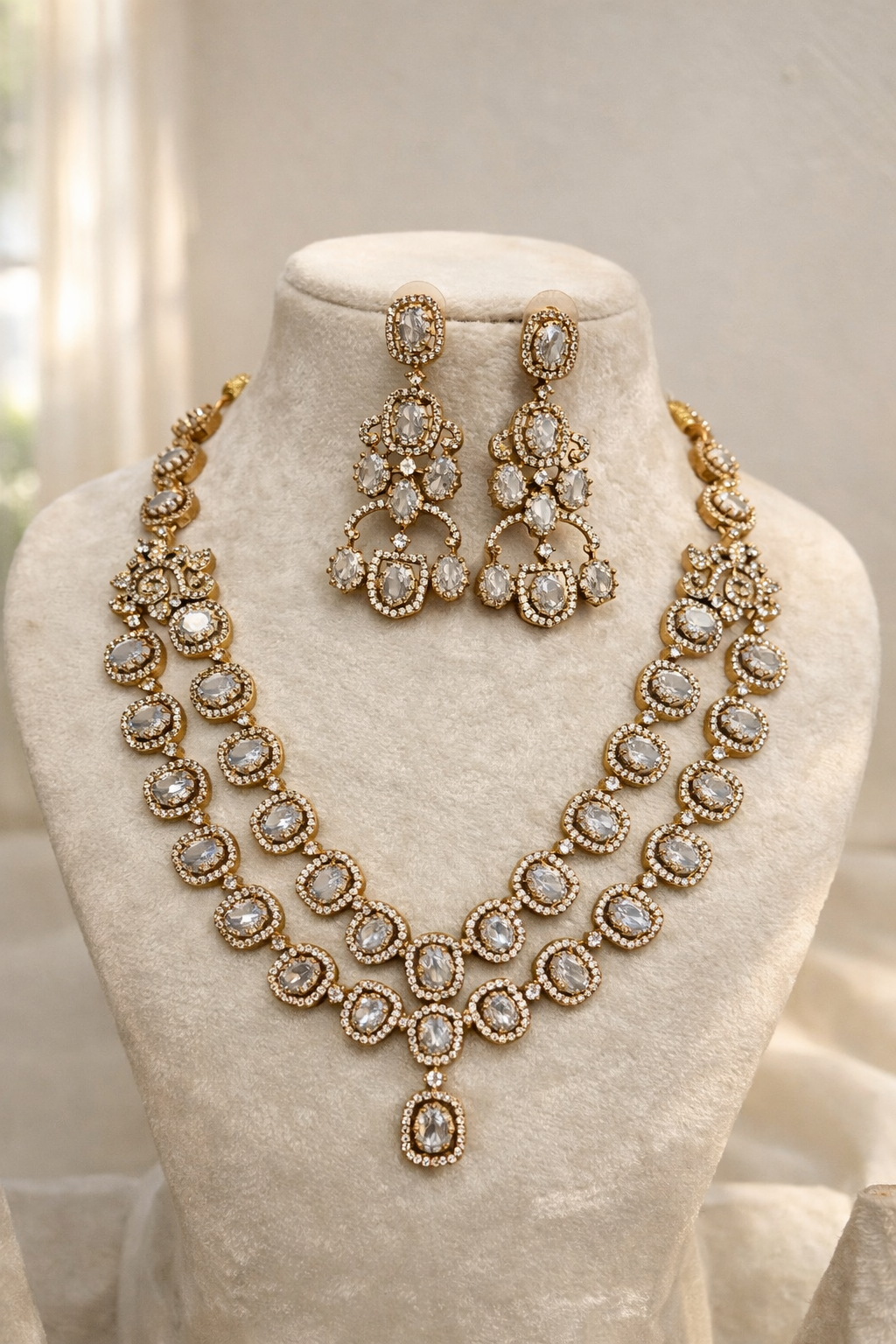 Two Line Clear Diamond Necklace Set-G354200