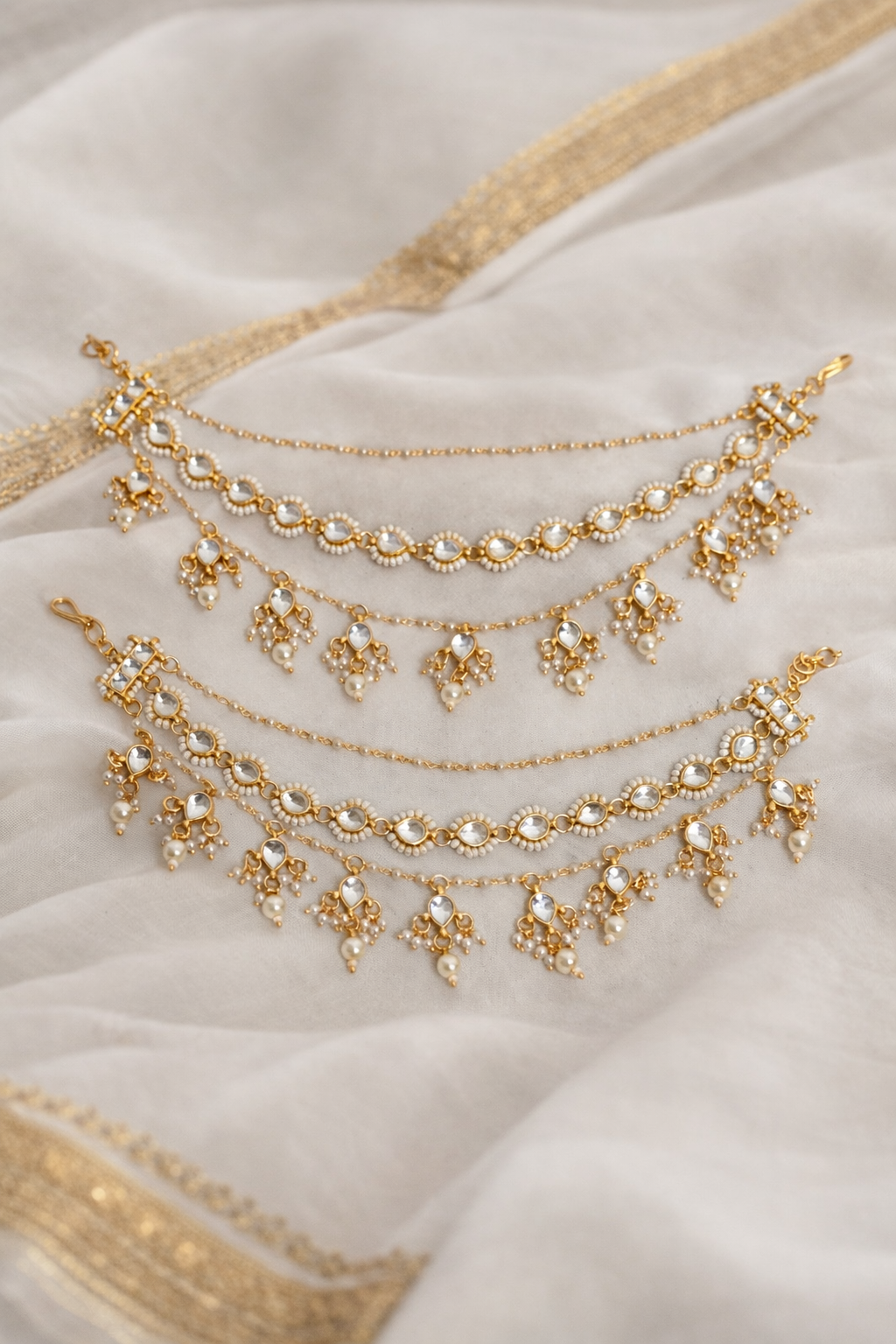 Gold-Toned Kundan & Pearl Ear Chains(Set of 2)