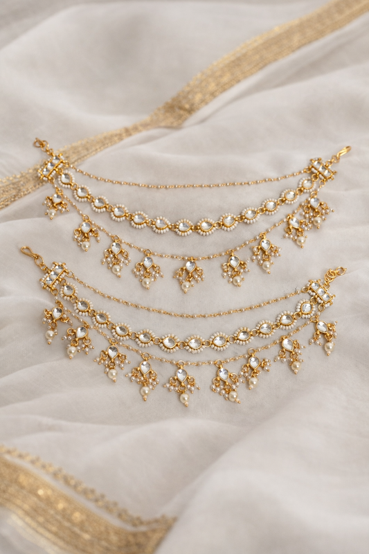 Gold-Toned Kundan & Pearl Ear Chains(Set of 2)