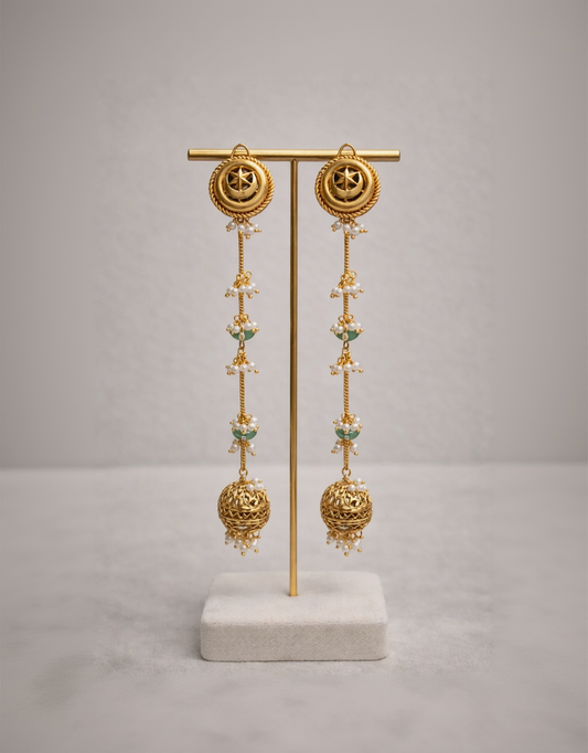 Ornate Gold Jhumka Earrings with Green Emerald Drops and Pearl Accents-G352400