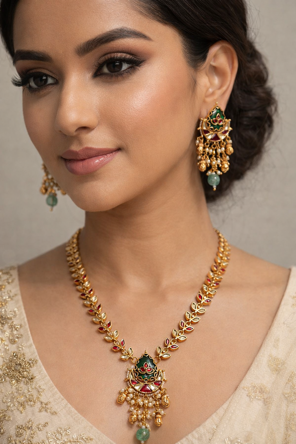 Classy Navratna Style Short Necklace and Earring Set