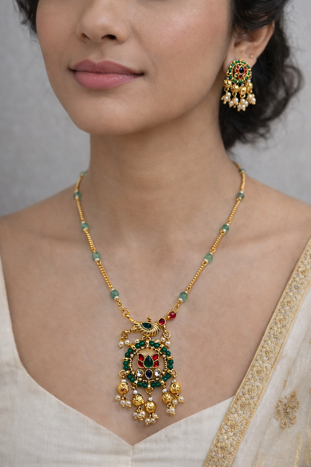 Stunning Kundan Style Green Bead Pendant Set-G352000