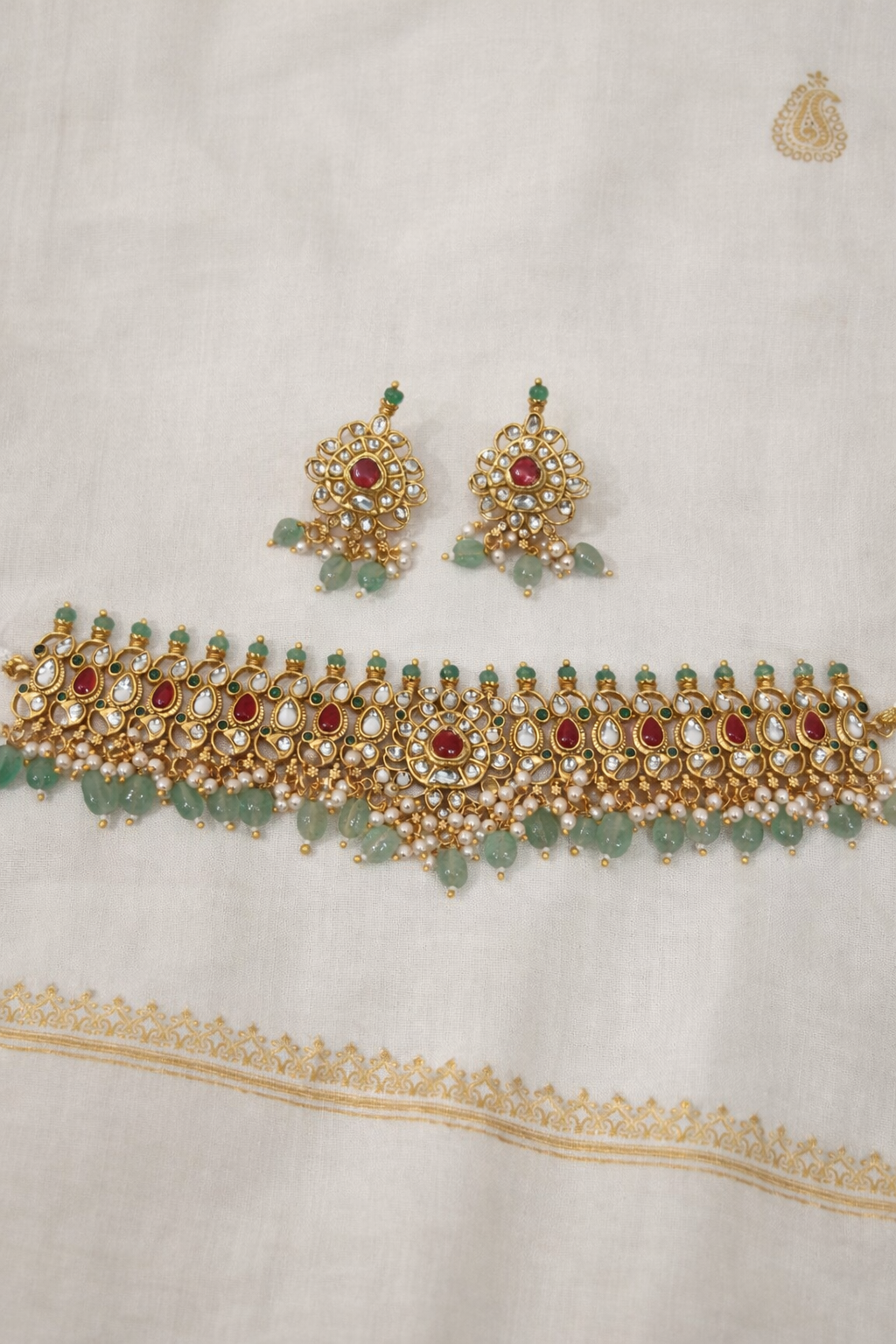 Polki & Kundan Choker Necklace Set with Pearl Drops
