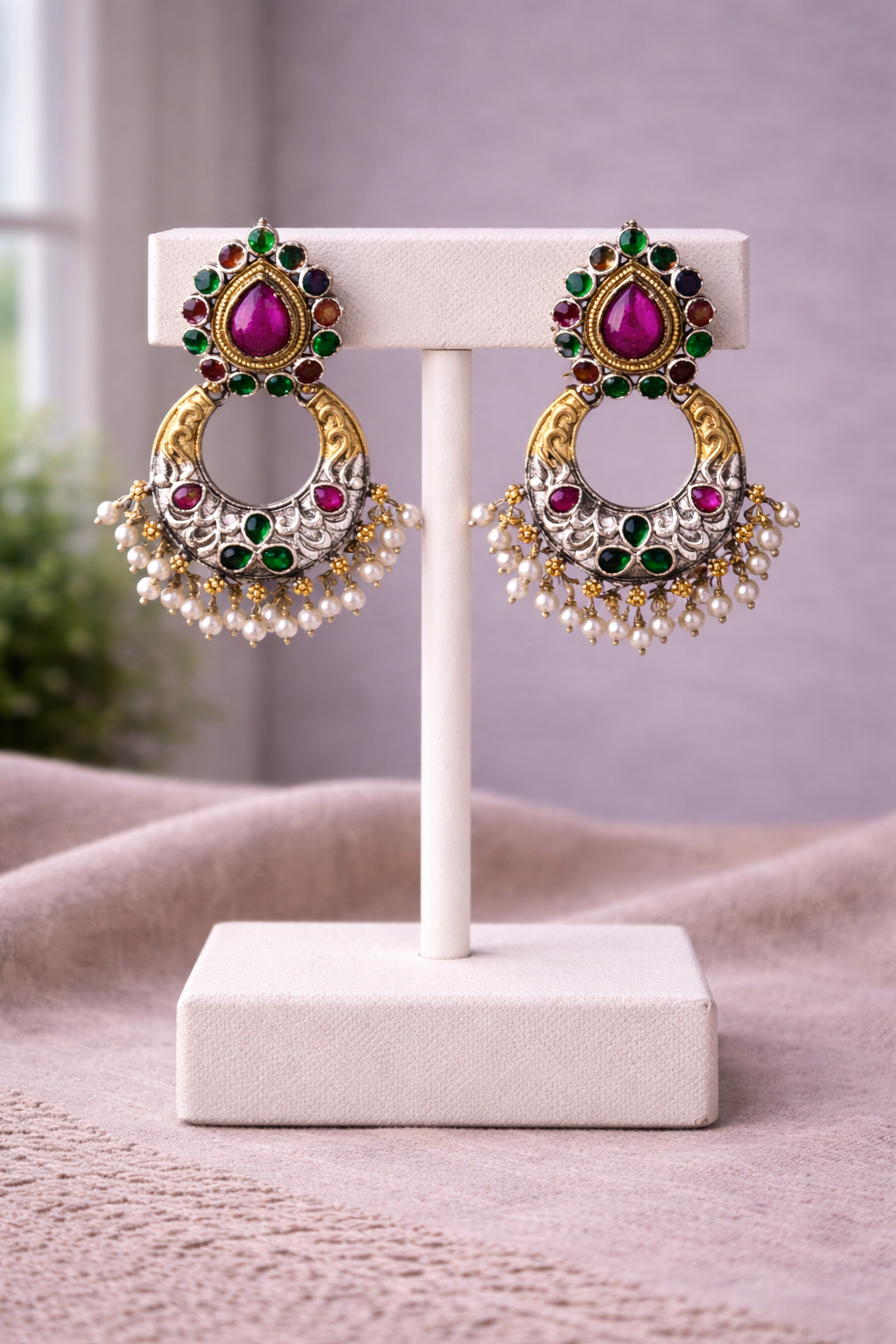 Oxidized Silver Temple Jewelry Set with Ruby Green Stones & Pearls-G351800