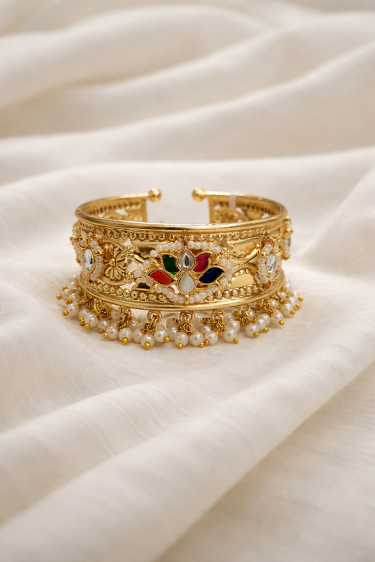 Aarvi Pearl & Gold Fusion Kada Bracelet