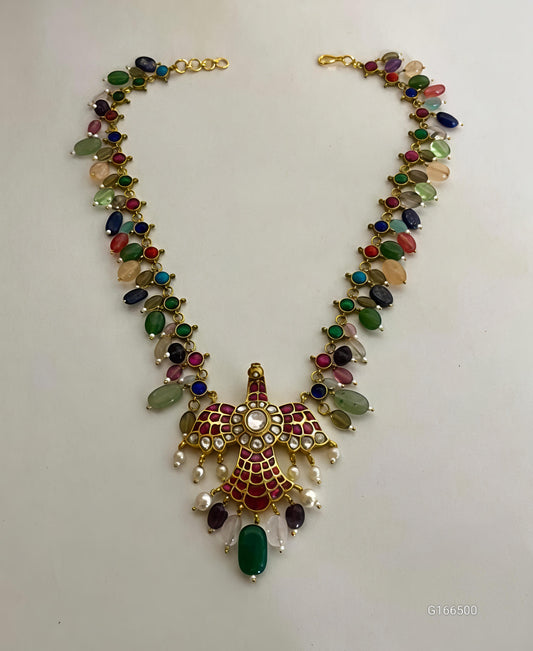 Handcrafted Peacock Navratna Necklace-G355800