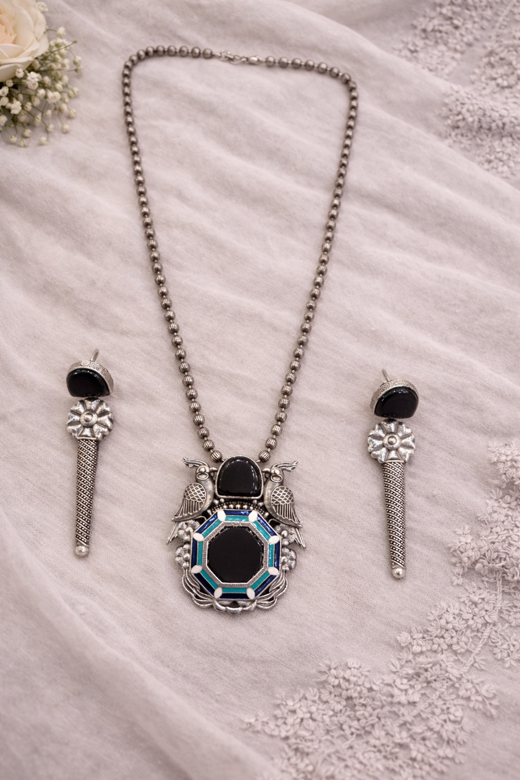Oxidised Silver-Tone Turquoise Bird Motif Pendant Set-G351100