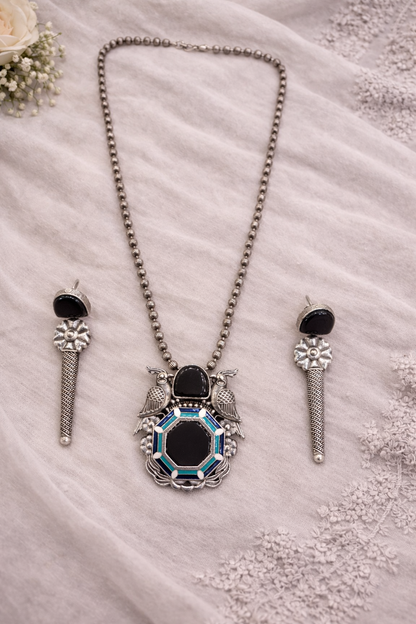 Oxidised Silver-Tone Turquoise Bird Motif Pendant Set-G351100