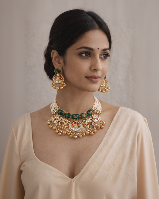 Emerald Green Kundan & Pearl Necklace Earring Set-G3513600