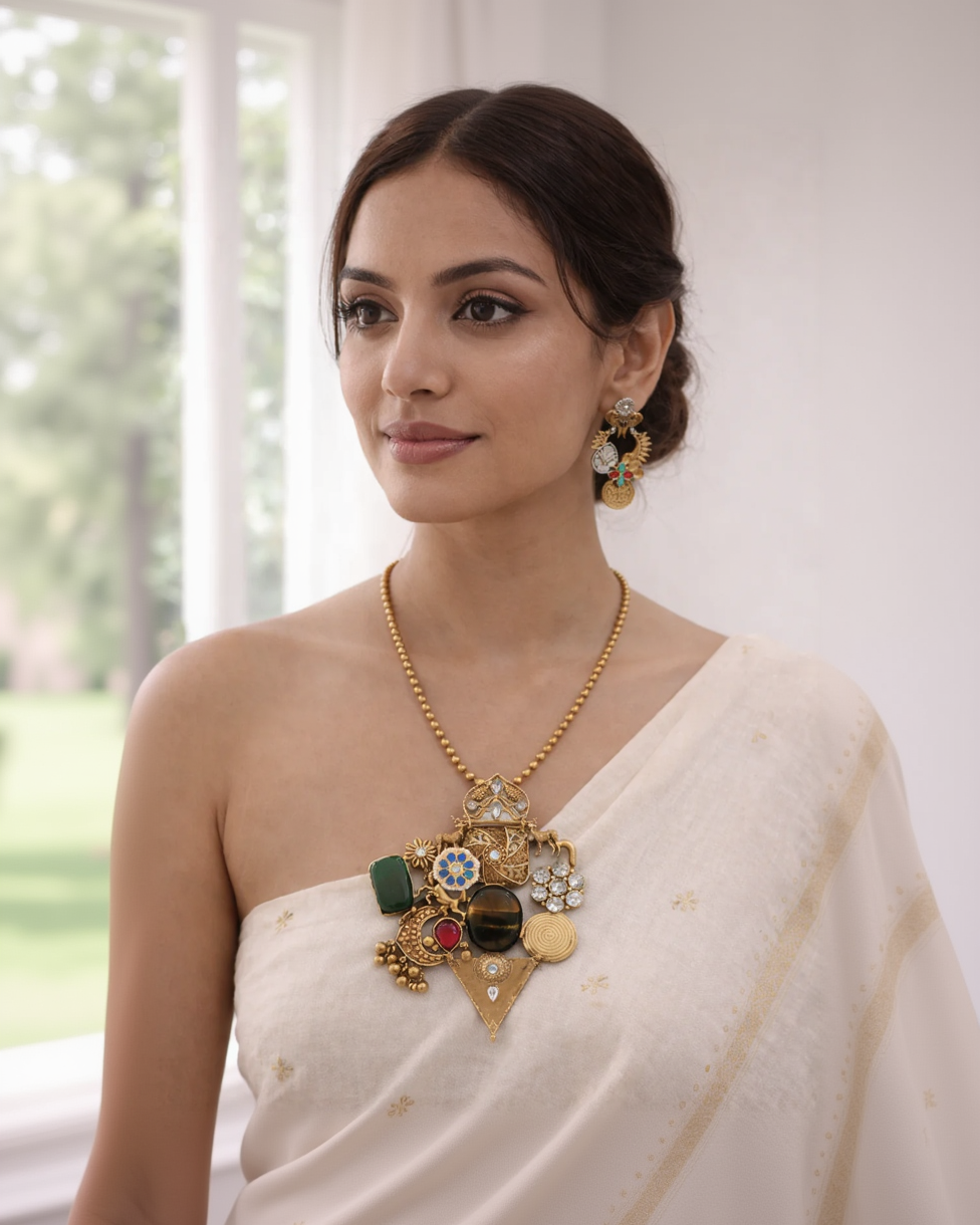 Vintage-Inspired Multi-Stone Necklace and Earring Set-G353800