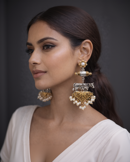 German Silver and Gold Tone Cow Motif Jhumka Earrings-G351300