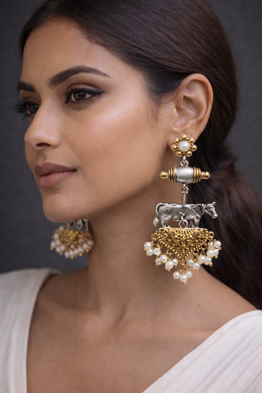 German Silver and Gold Tone Cow Motif Jhumka Earrings-G351300