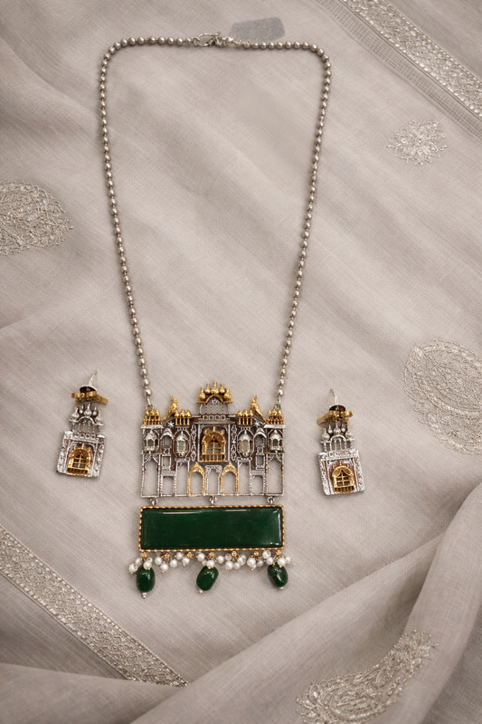 Oxidized Dual-Tone Green Onyx Jewellery Set-G351600