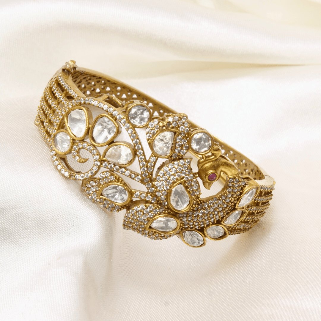 Peacock Polki & Moissanite Gold-Plated Cuff Bracelet