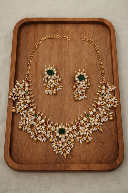 Elegant Polki and Rice Pearl Bridal Jewelry Set