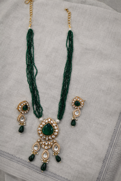 Kundan Polki Onyx Beads Gold Tone Long Pendant Necklace set