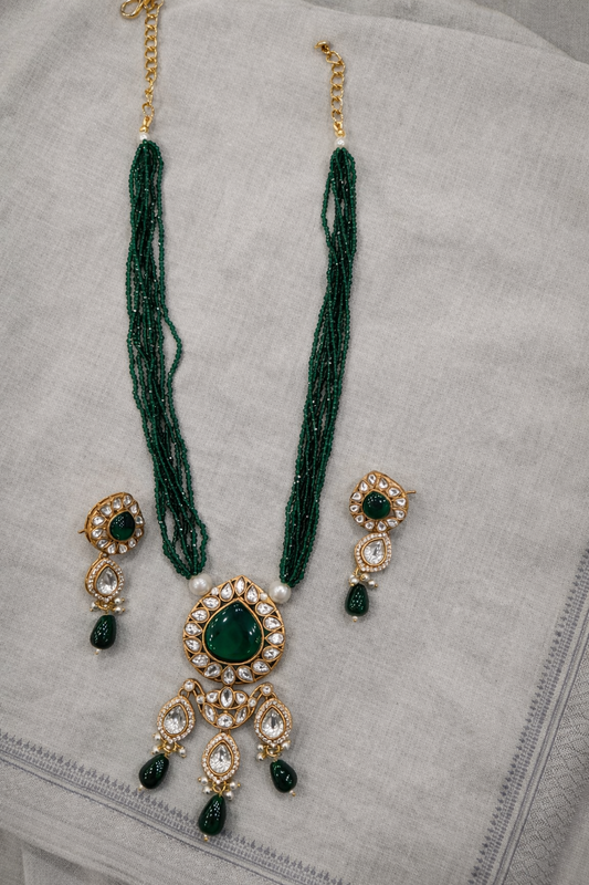 Kundan Polki Onyx Beads Gold Tone Long Pendant Necklace set