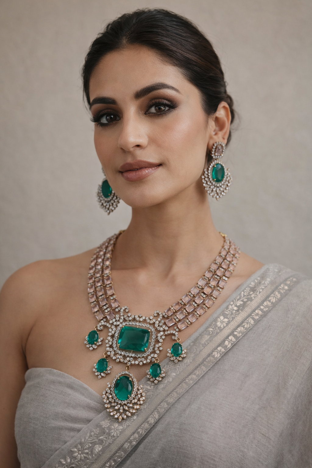 Victorian Emerald & Pink Stone Statement Necklace Set