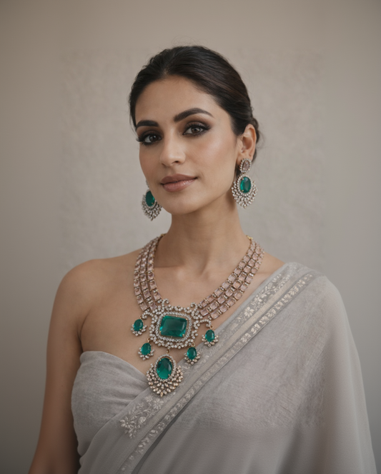 Victorian Emerald & Pink Stone Statement Necklace Set-G353800