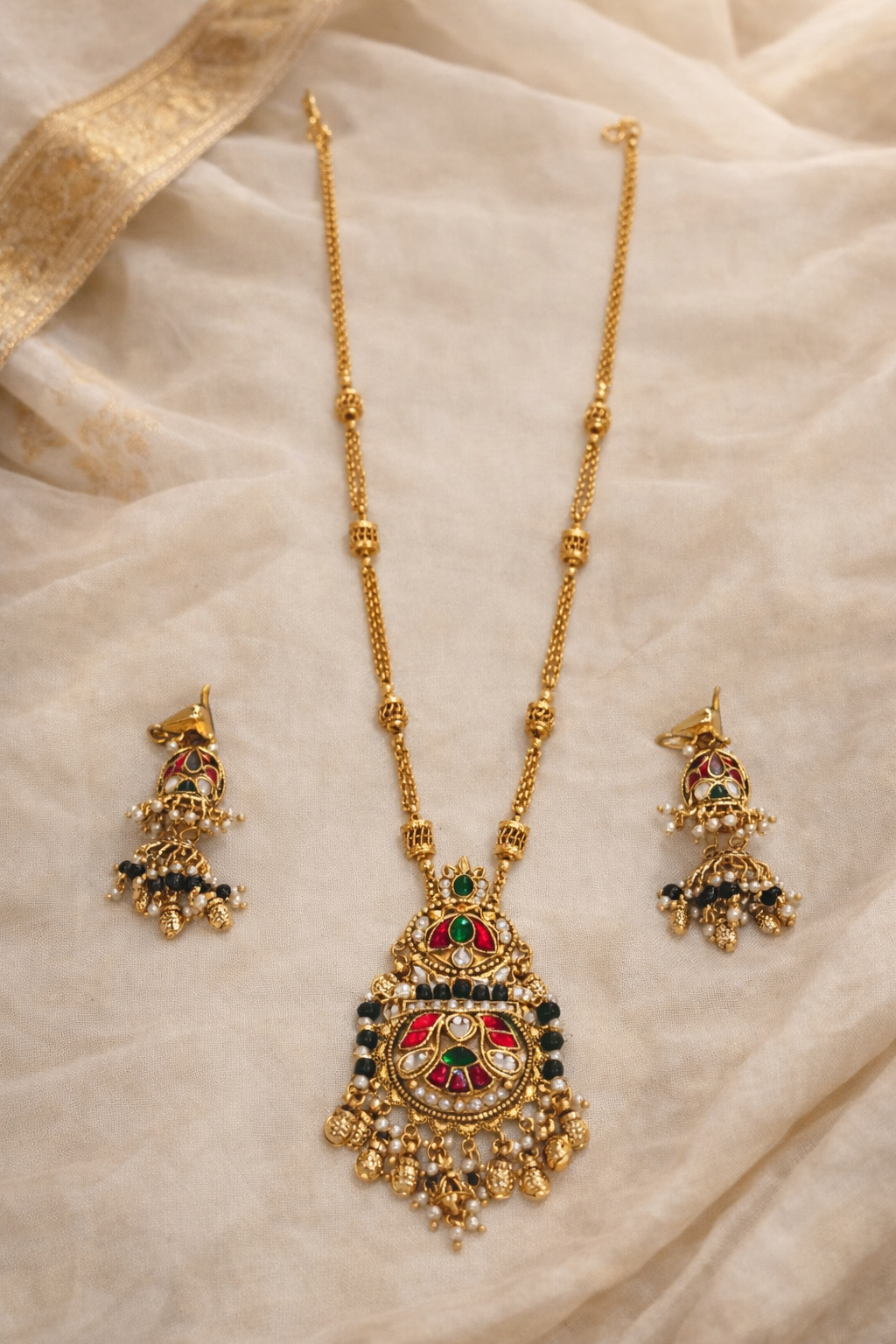 Kundan Gold Plated Chain Pendant Set With Earring