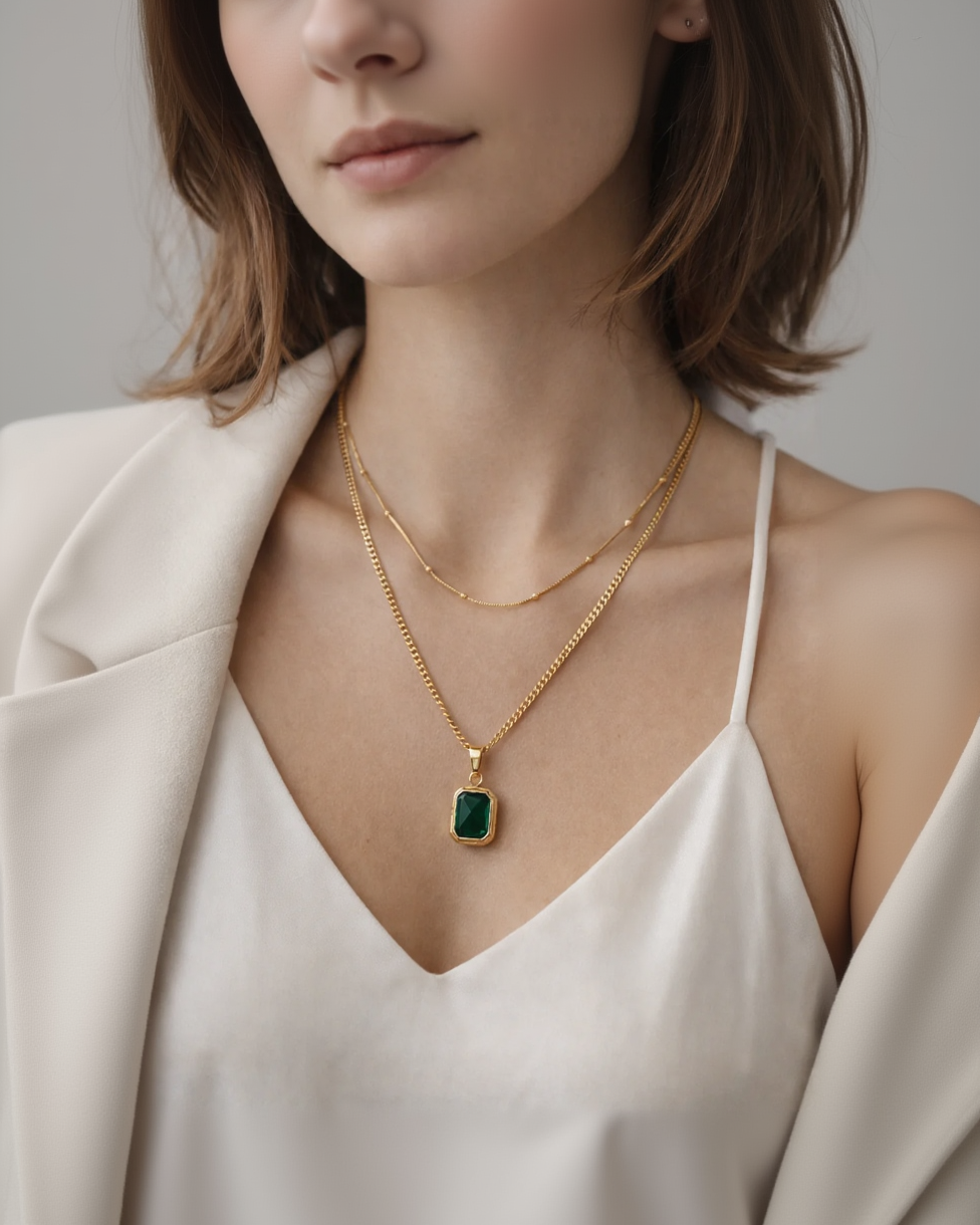 Anti-Tarnish Gold & Emerald Statement Necklace-G35300