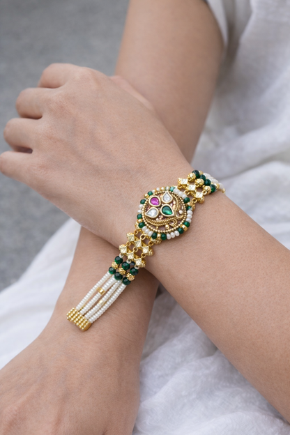 Traditional Green and Pink Kundan & Pearl Bracelet