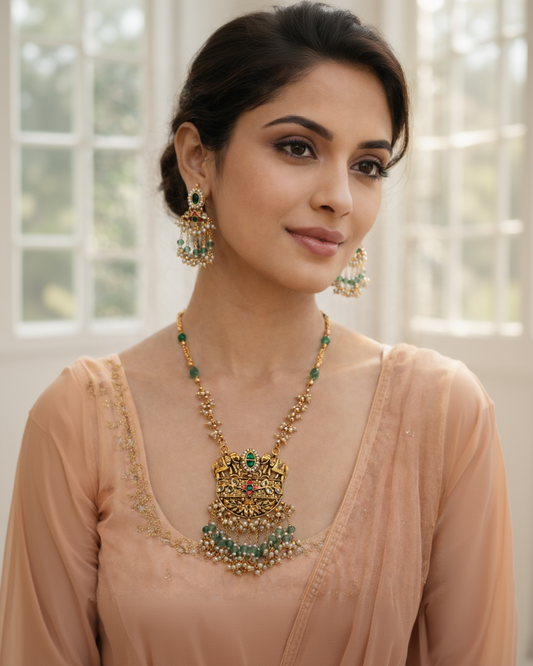 Regal Gold & Green Kundan Elephant Motif Long Necklace Set with Earrings