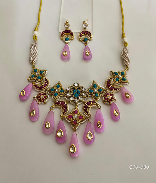 Magenta Teal Kundan with Pink Teardrop Beads Choker Set-G356800