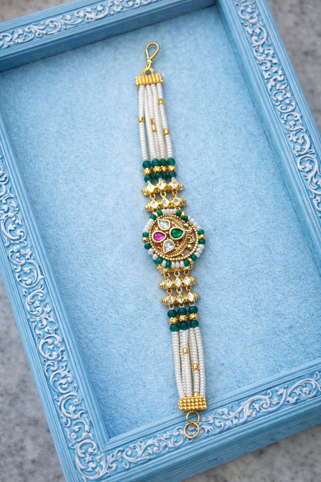 Traditional Green and Pink Kundan & Pearl Bracelet