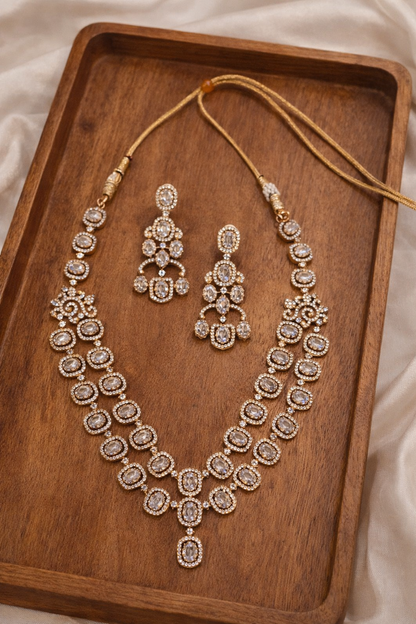 Two Line Clear Diamond Necklace Set-G354200