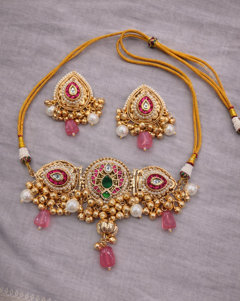 Fusion Gold-Tone Choker Necklace & Earring Set with Pink Stones & Pearls-G353000