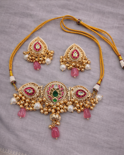 Fusion Gold-Tone Choker Necklace & Earring Set with Pink Stones & Pearls-G353000